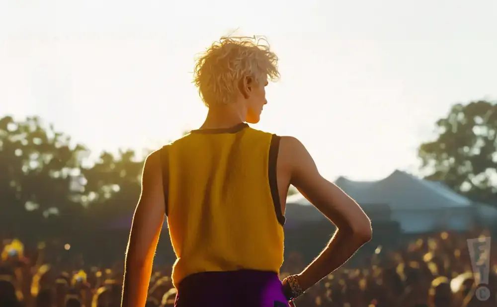 A person with blonde, curly hair stands on a stage with their back to the camera, facing a bright sun.