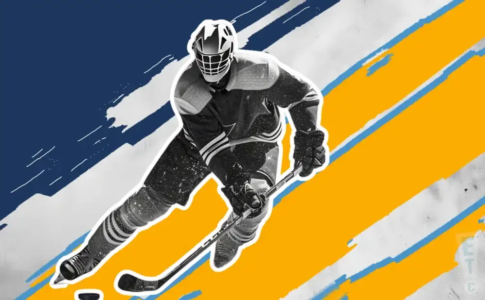 A black and white image of a hockey goalie in action against a backdrop of blue and yellow brush strokes.