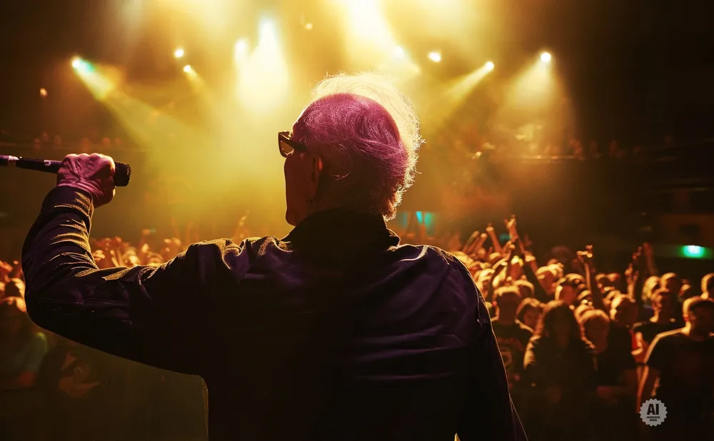 Singer with microphone on stage, back to camera, facing a cheering crowd under stage lights.