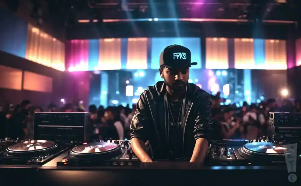 A DJ plays music in a club, with a crowd visible in the blurred background.