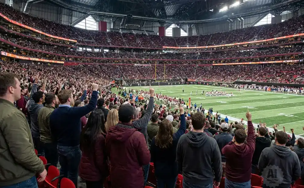 Fans cheer at a football game in a stadium with a green field and red seats.