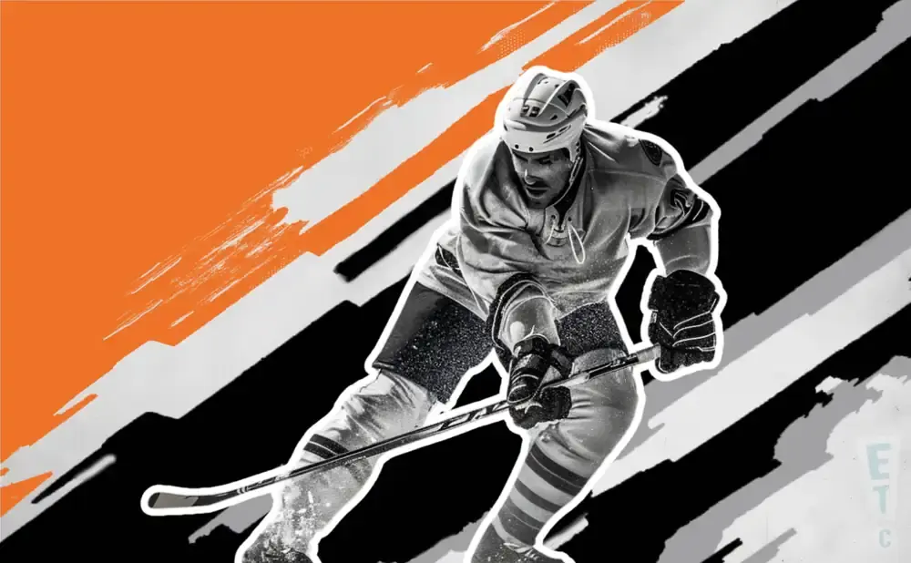 A hockey player skates with a stick, set against an abstract background of orange, black, and white stripes.