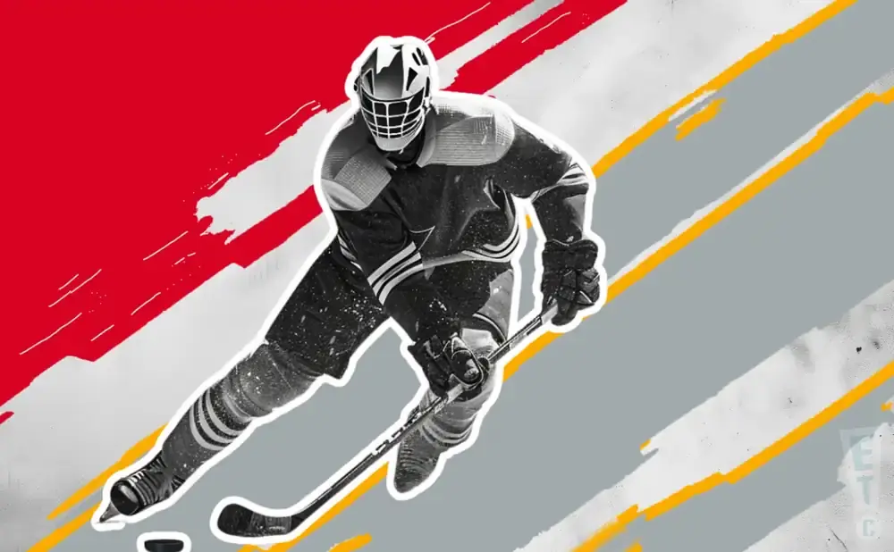 A black and white image of a hockey goalie in action on a grey and red background with yellow stripes.
