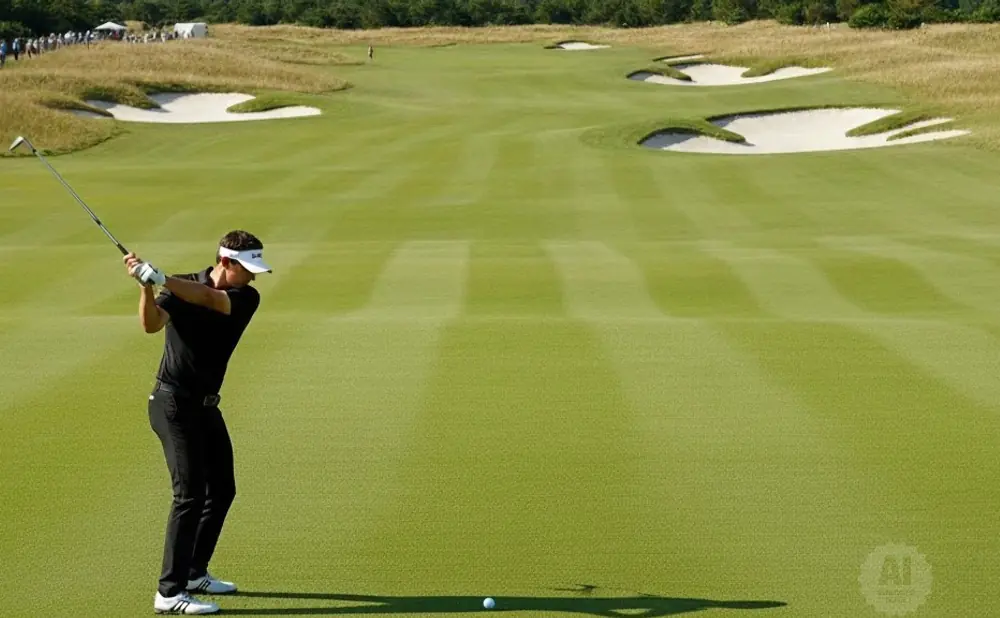 Golfer in black mid-swing on a bright green golf course with sand traps and spectators in the background.