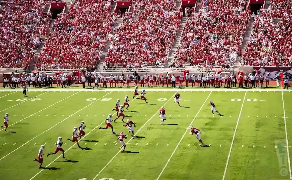 American football players in red and white uniforms run on a green field with a packed stadium crowd.
