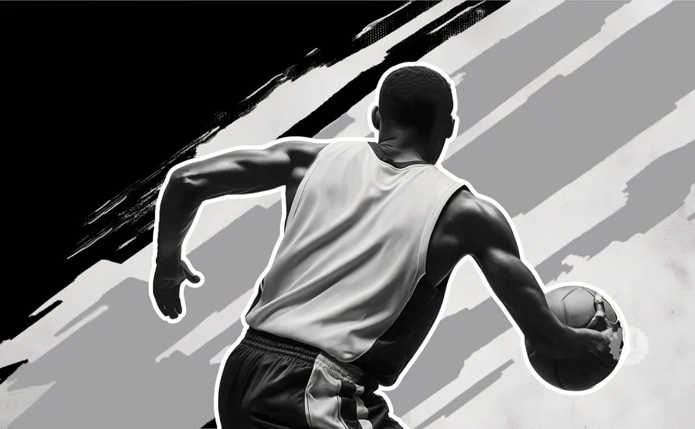 A basketball player dribbles the ball with a graphic background.