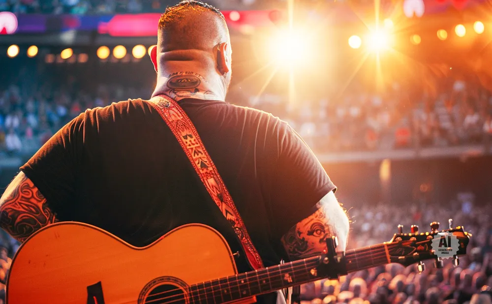 Man with tattoos playing an acoustic guitar on stage with bright lights and a blurred crowd in the background.