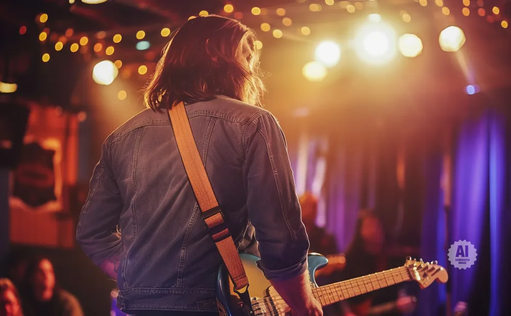 A guitarist in a denim jacket plays on a dimly lit stage with colorful lights.