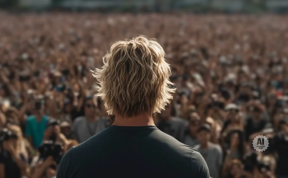 Back of a blonde person with wavy hair facing a large, blurred crowd.