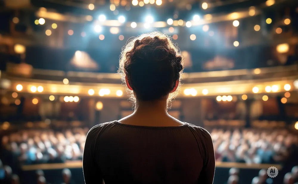 Woman on stage facing a blurred audience under bright lights.
