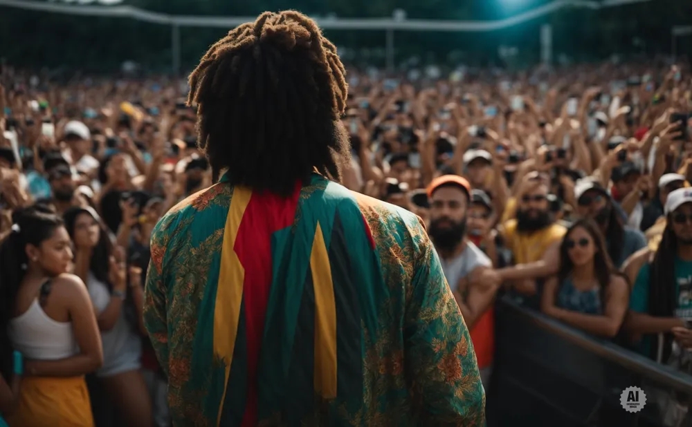 A performer with dreadlocks faces a large, cheering crowd at an outdoor concert, wearing a colorful, patterned jacket.