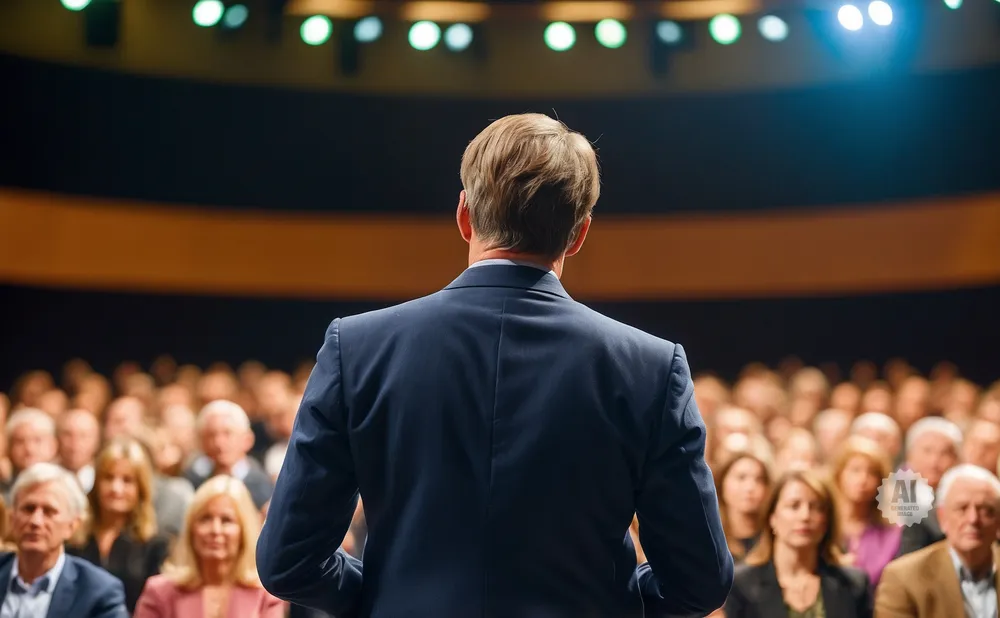 Man in a suit addresses a blurred audience in a dimly lit auditorium with spotlights overhead.