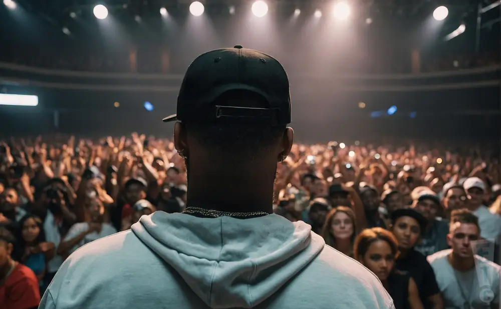 A person in a hoodie and baseball cap faces a cheering crowd at a concert.