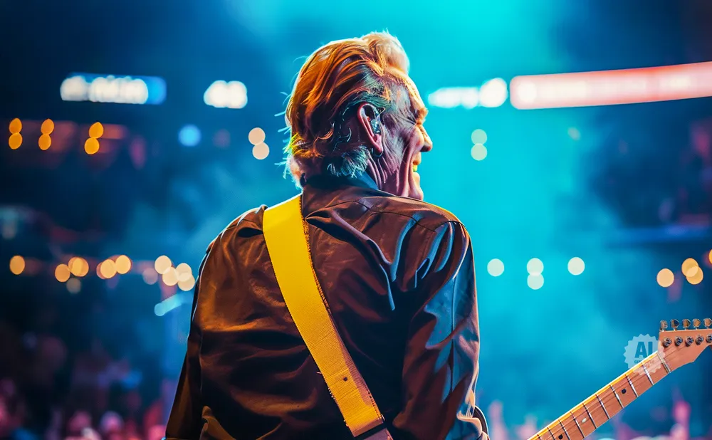 Musician with blonde hair and yellow guitar strap playing a guitar on stage with bright lights.