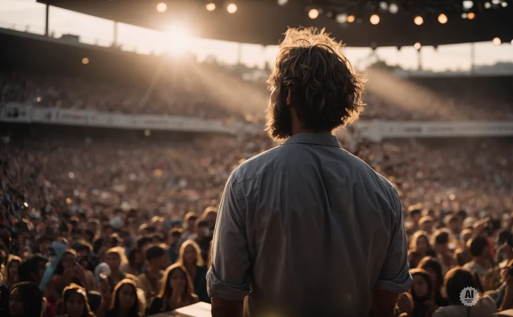 Man with beard and wavy hair in a blue shirt speaks to a large outdoor crowd at sunset.