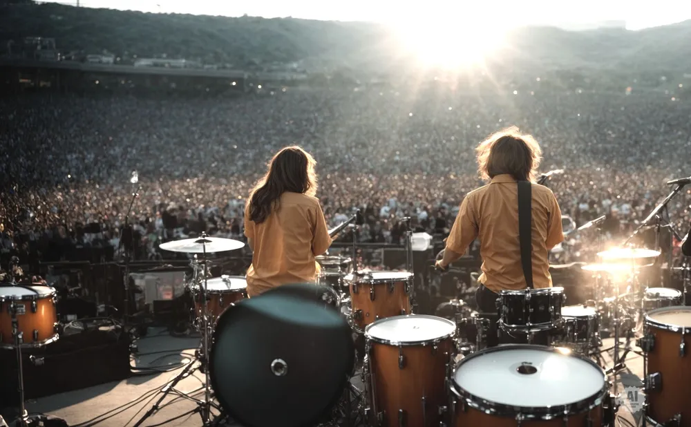 Two drummers perform on stage at a large outdoor concert, silhouetted against the setting sun.