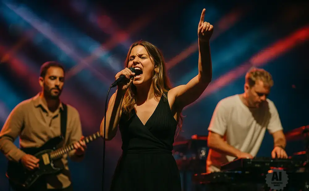 A band performs on stage with a female singer in the foreground, a guitarist to her left, and a keyboardist to her right.