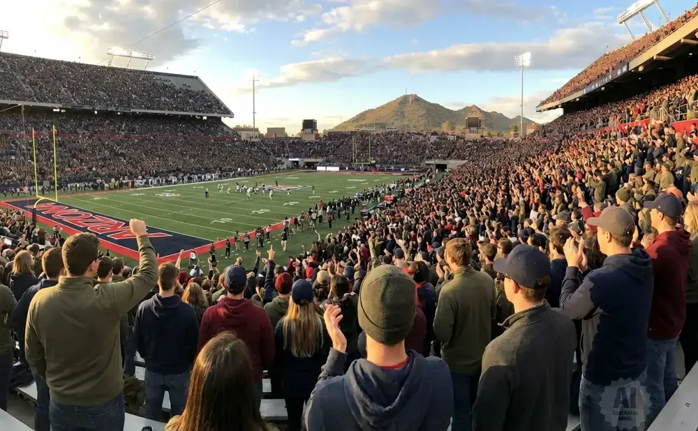 Spectators cheer at a football game in a packed stadium with a mountain range in the background.