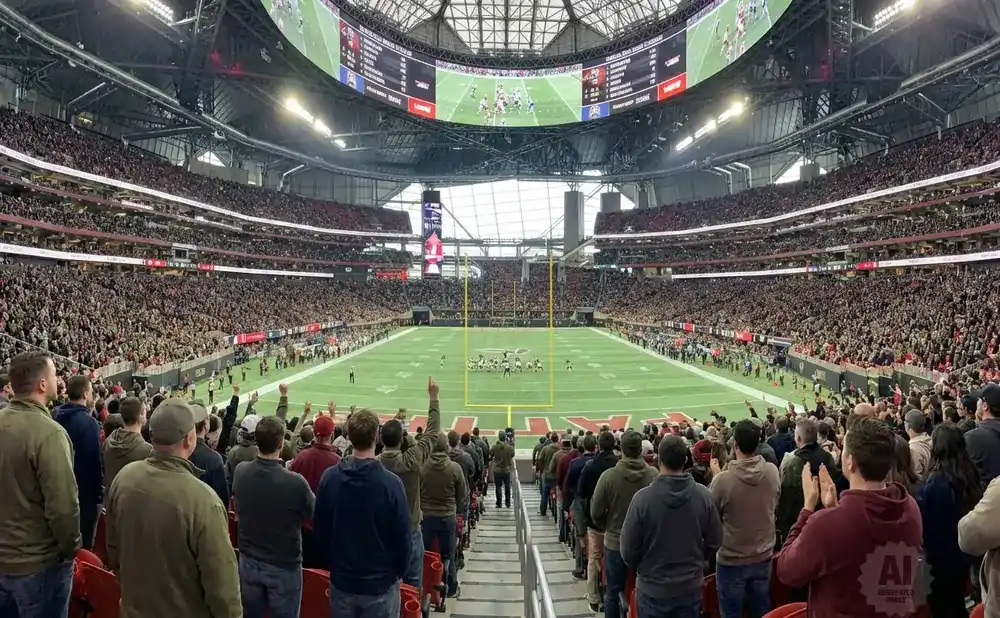 Panoramic view of a packed American football stadium, with fans in the stands watching a game on the field.