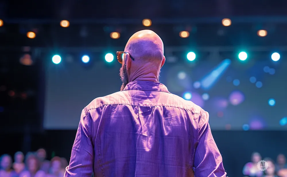 A bald man with sunglasses and a beard seen from behind, facing a stage with lights and an audience.