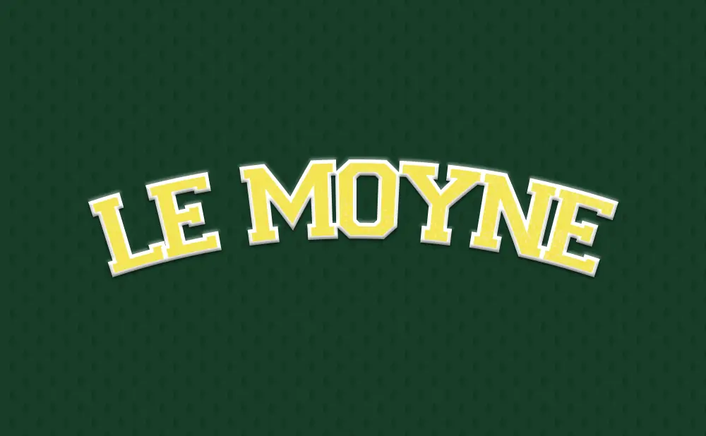 Le Moyne text in yellow and white arched over a dark green textured background.