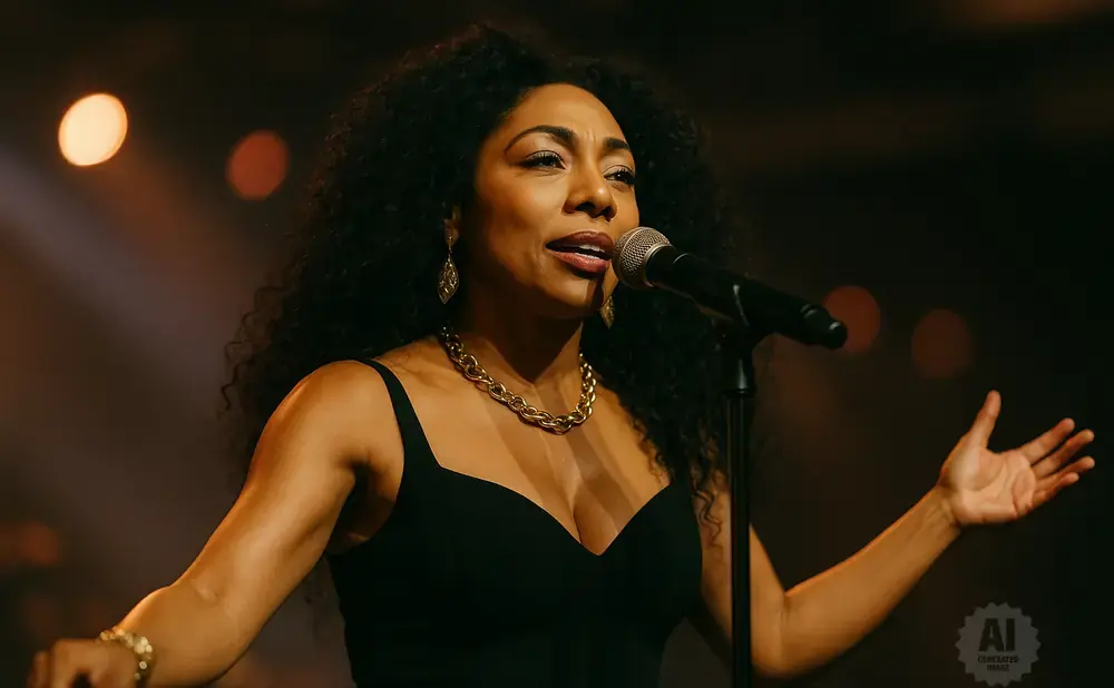 A Black woman with curly hair sings into a microphone on stage, wearing a black dress and gold jewelry.