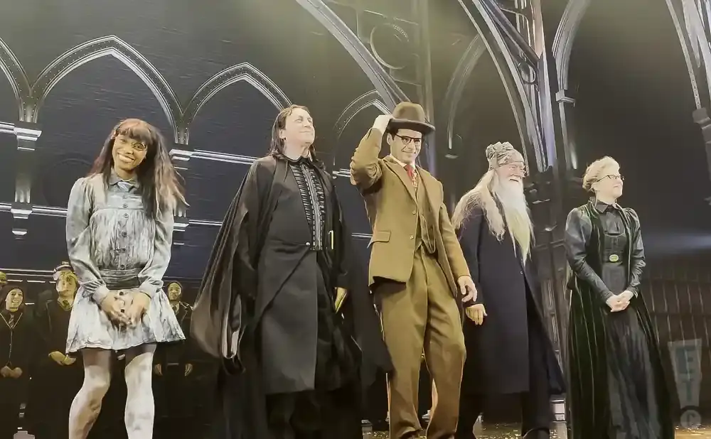 A group of actors in costume from Harry Potter stand on a stage.