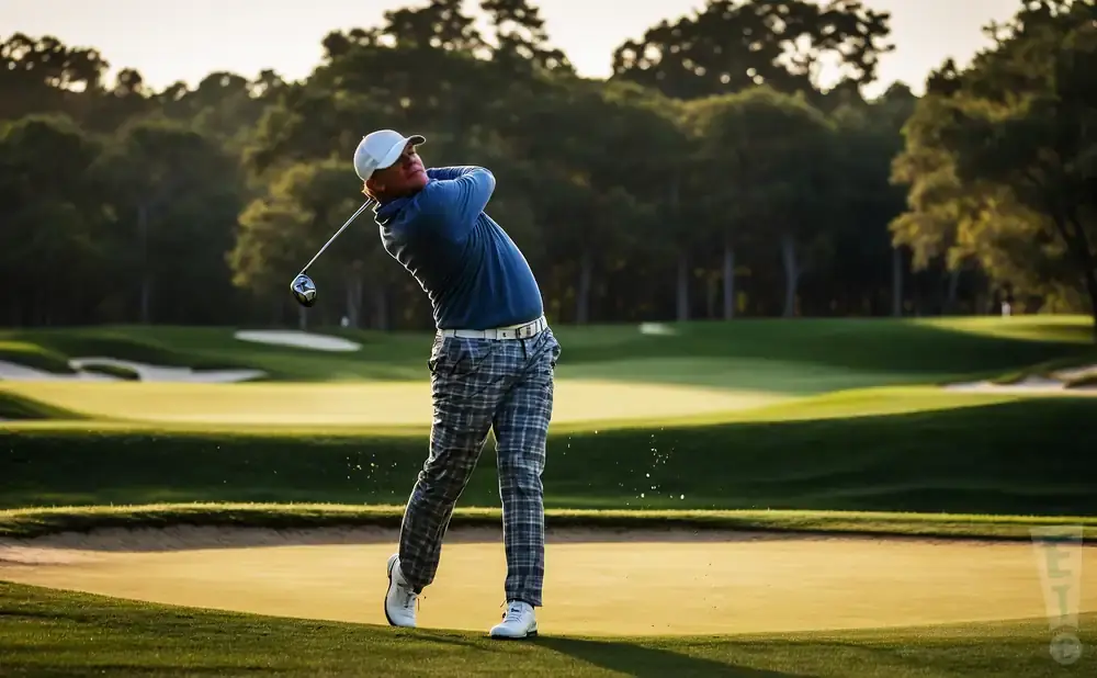 Golfer in plaid pants swings a club on a sunny golf course.