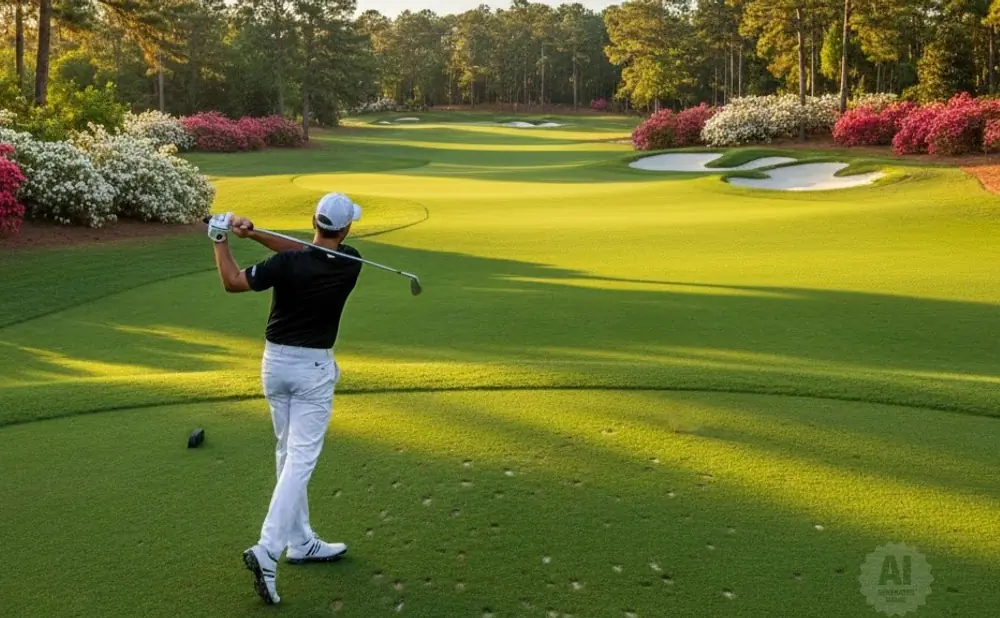 Golfer swings club on a green golf course lined with colorful azaleas and pine trees.