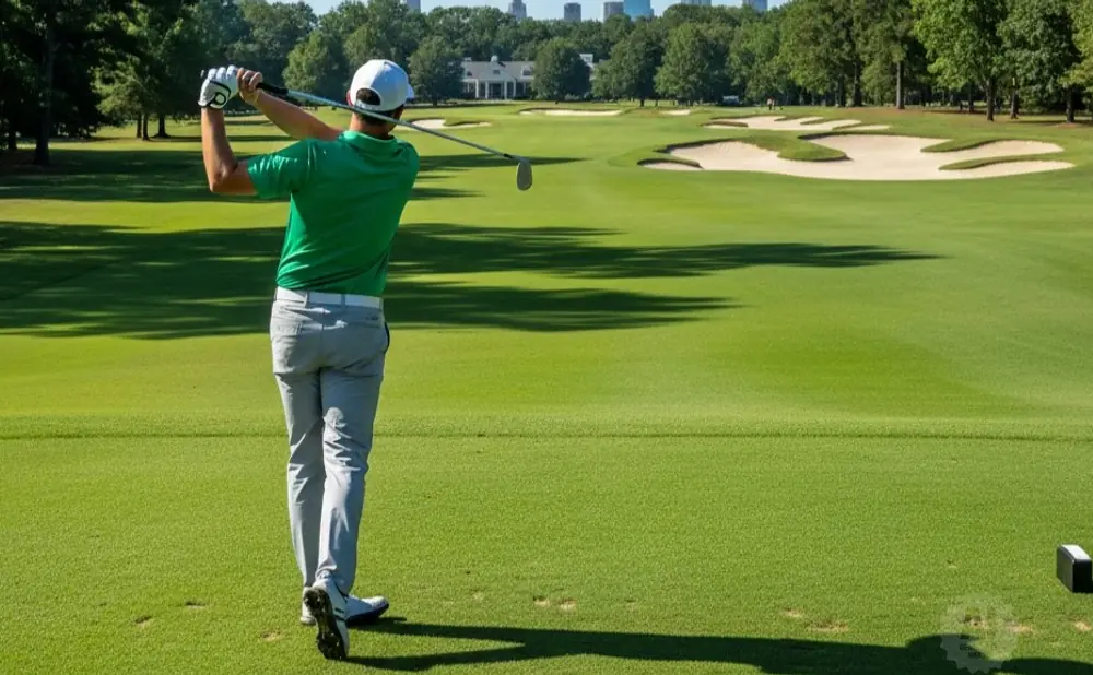 Golfer in green shirt and grey pants swings at a golf course with sand traps and trees in the background.