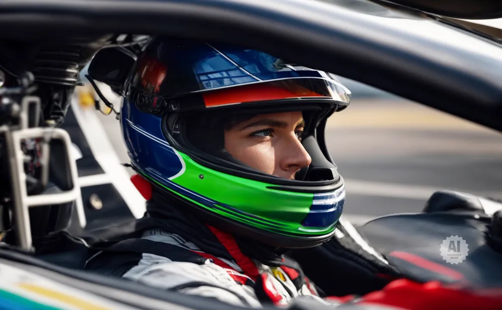 A race car driver in a blue and green helmet peers forward, ready to race.