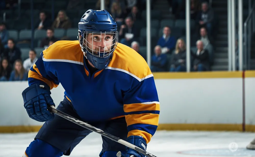 A hockey player in a blue and yellow uniform with a blue helmet and mask on the ice, holding a stick.