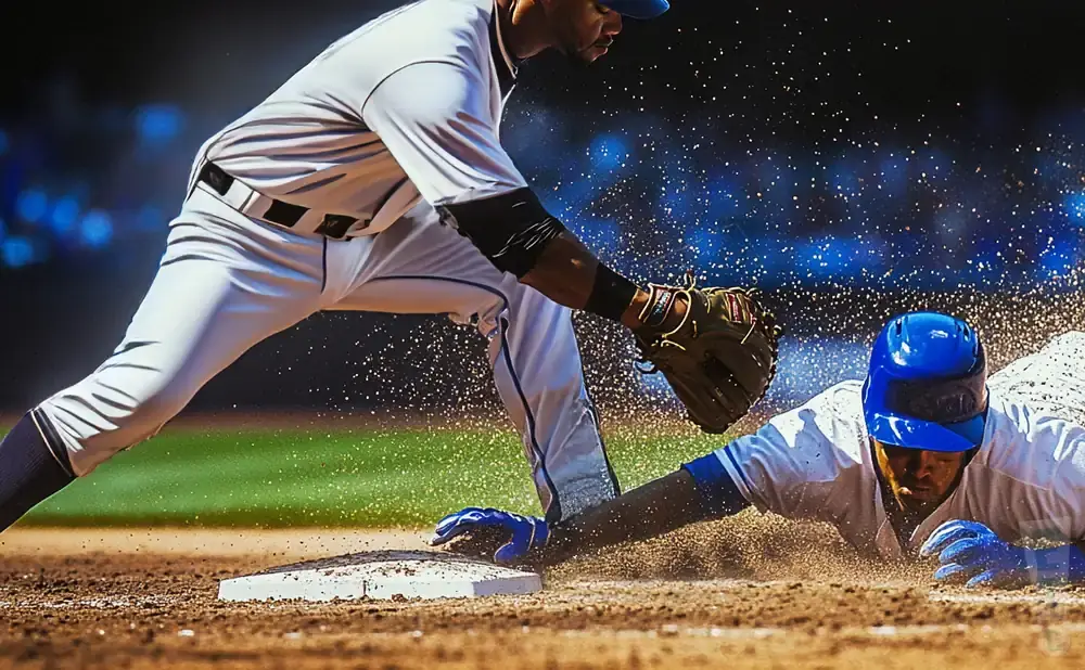 Baseball player slides into base while infielder with glove reaches for the tag.