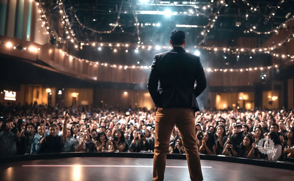 A man in a suit stands on stage, facing a cheering crowd holding up phones at a brightly lit event.