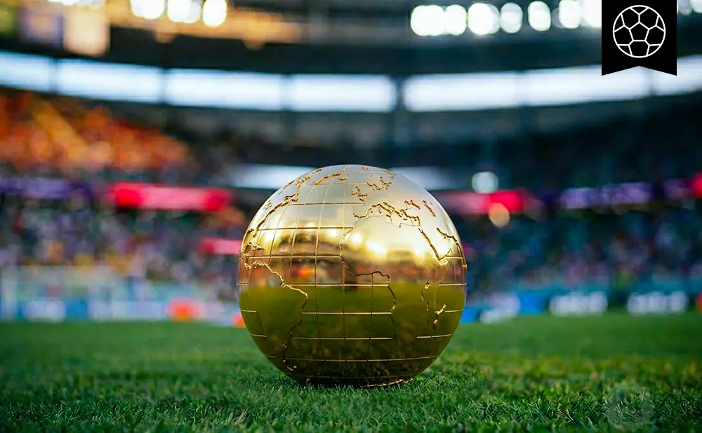 A golden globe trophy sits on the grass of a stadium with a blurry crowd in the background.