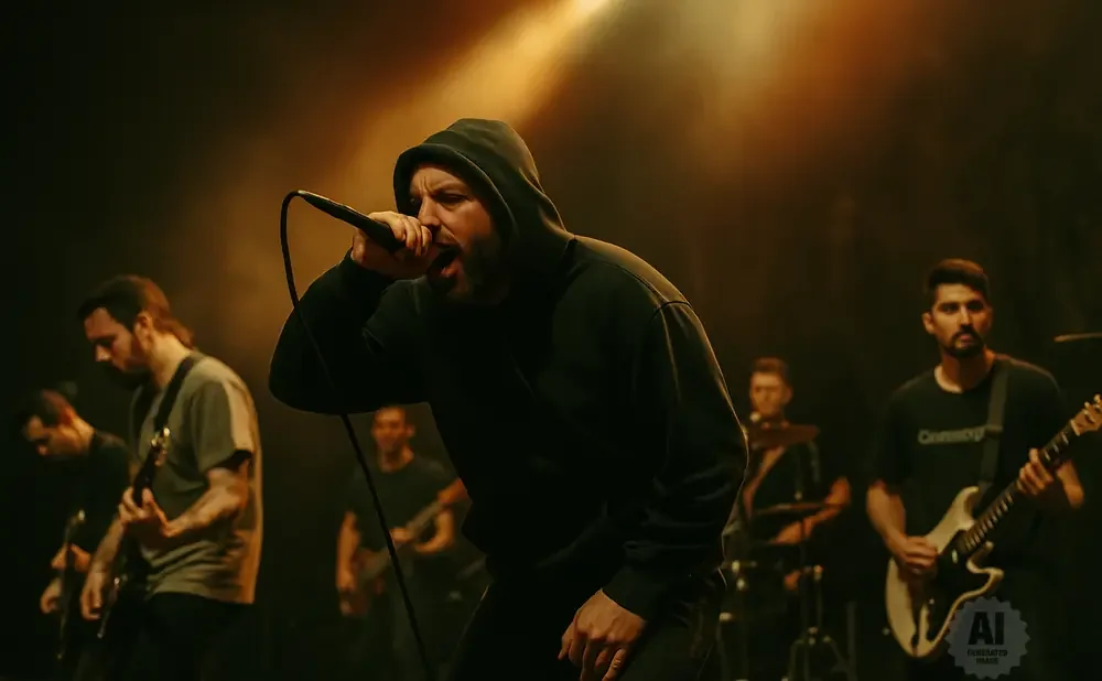 A rock band performs on stage with a singer in the foreground wearing a black hoodie and singing into a microphone.