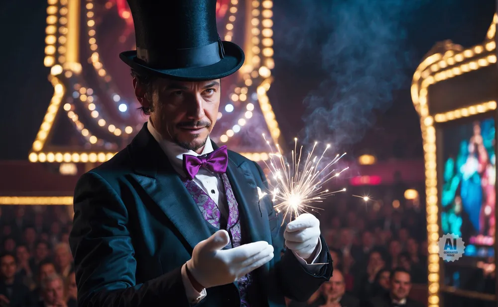 Magician in a top hat and tuxedo holding a sparkler in front of a cheering crowd.
