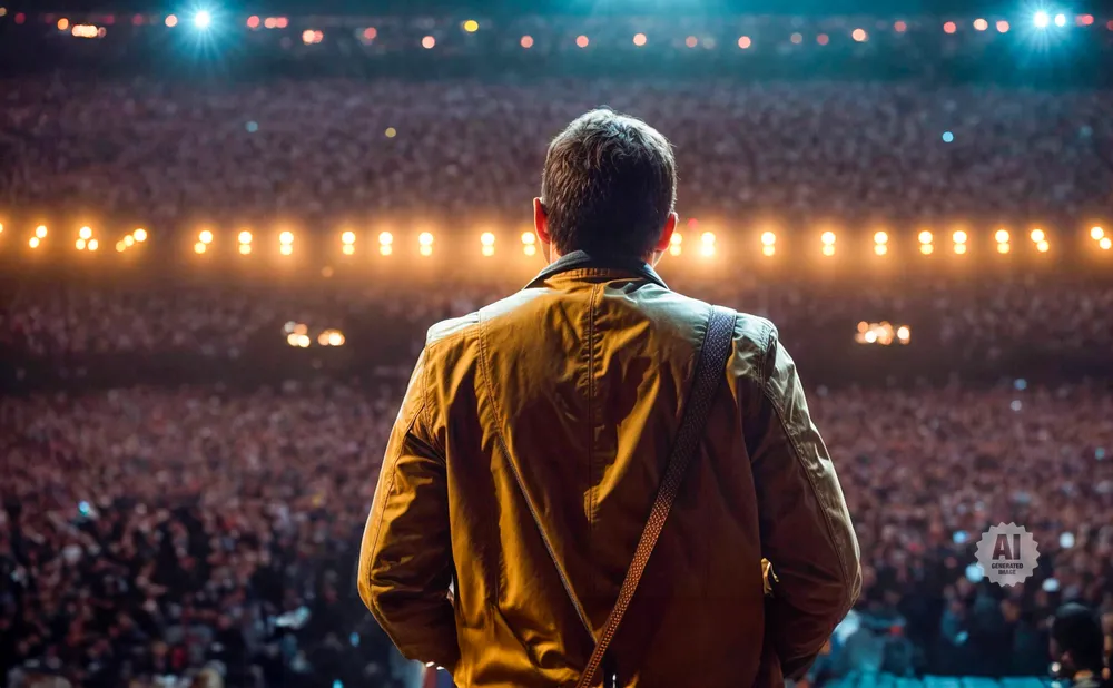Man in a jacket stands facing a cheering crowd at a concert.