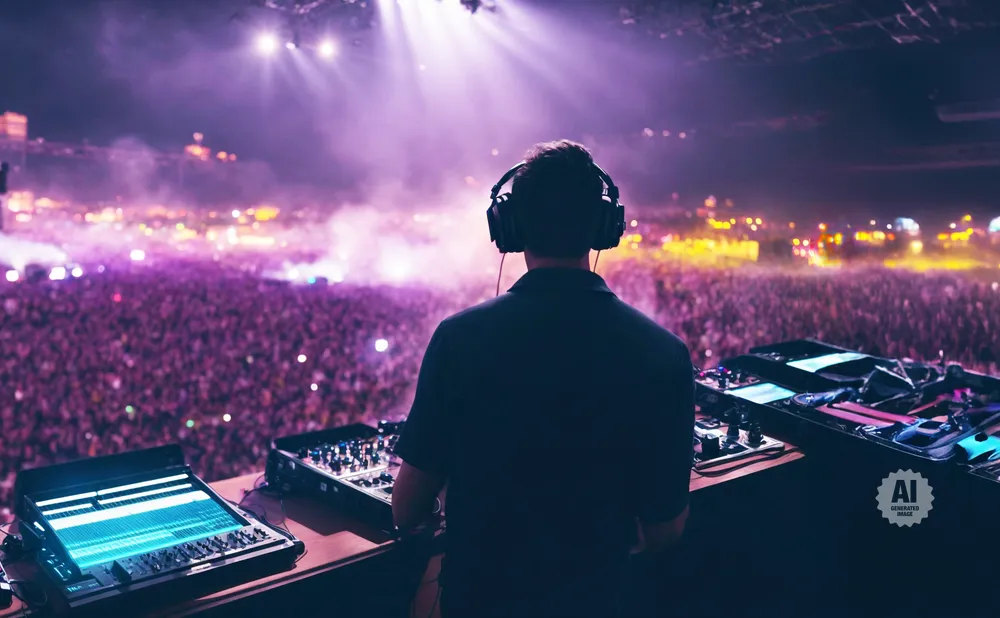 DJ with headphones plays to a large, energetic crowd at a vibrant concert.
