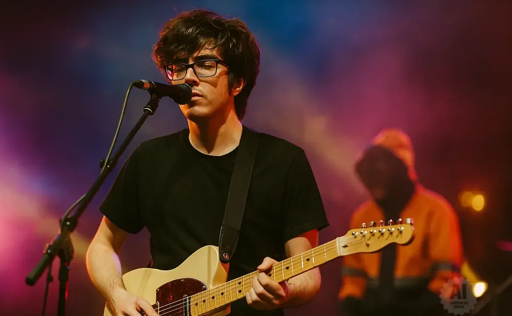 A man with glasses plays a light-colored guitar and sings into a microphone on a stage with colorful lighting.