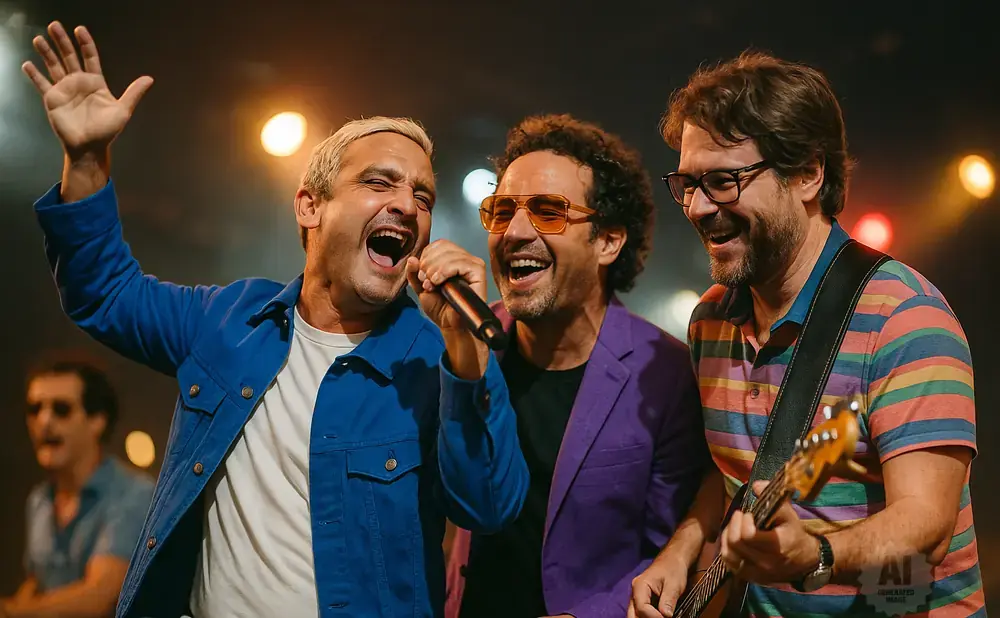 Three men on stage, one singing with arm raised, another singing into a microphone, and one playing guitar.