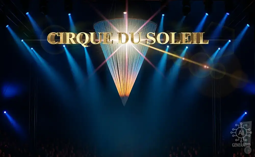 Cirque du Soleil logo on a stage with dramatic blue spotlights and a chandelier.