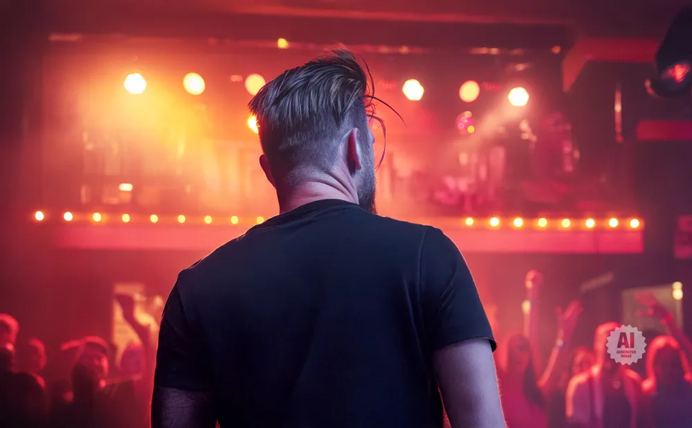 Man with mohawk facing away from camera on stage at a concert with crowd in foreground.