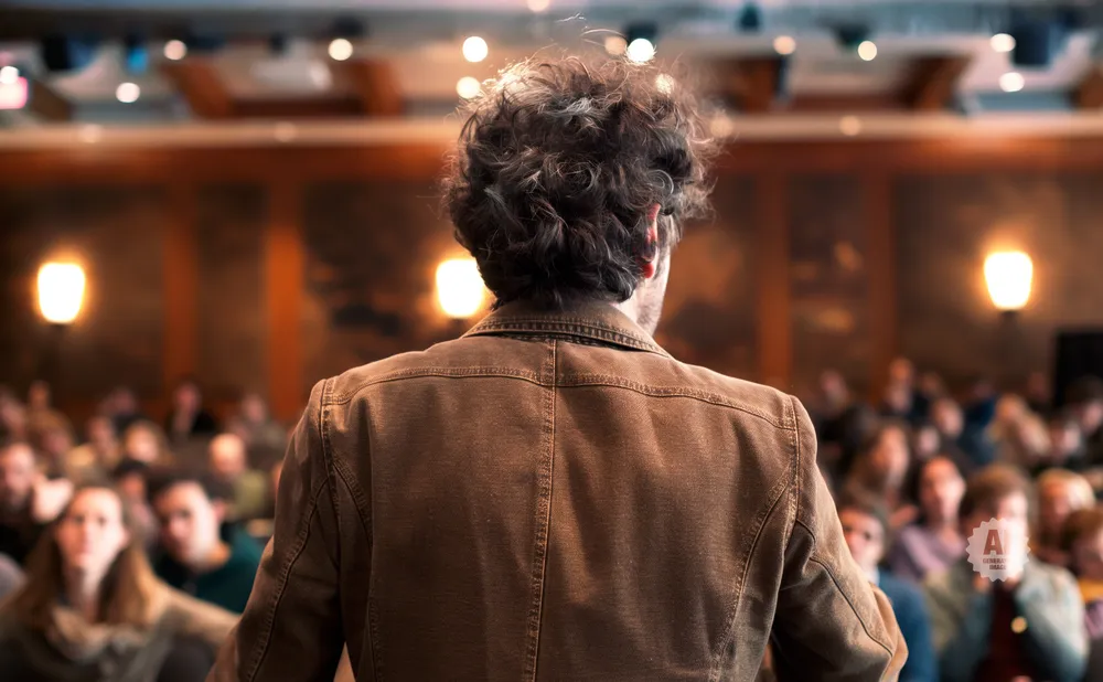 A person with curly hair facing away from the camera, addressing an audience in a dimly lit room.