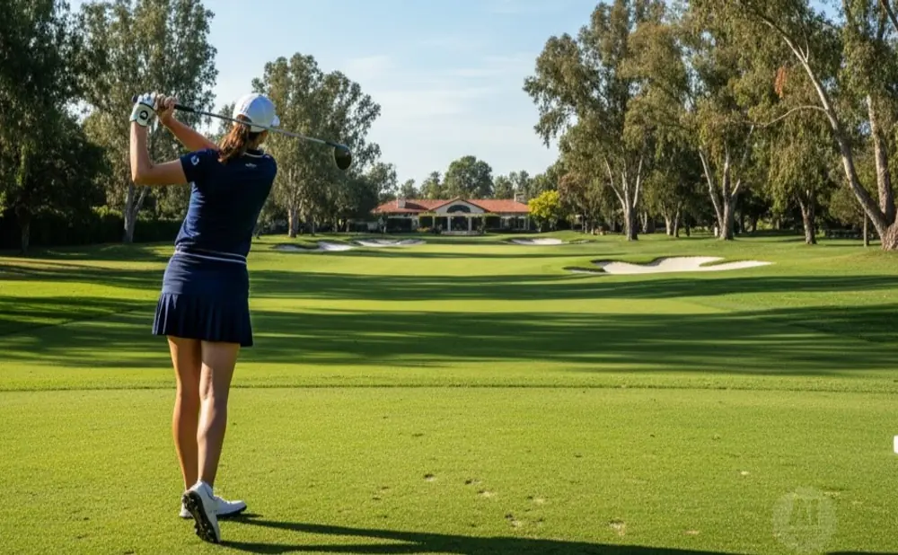 Woman in golf attire swings a club on a sunny golf course, with a building in the distance.