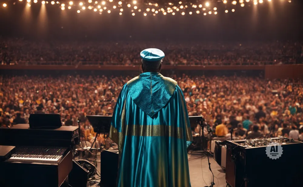 Person in ceremonial robe stands on stage facing a large, cheering audience.