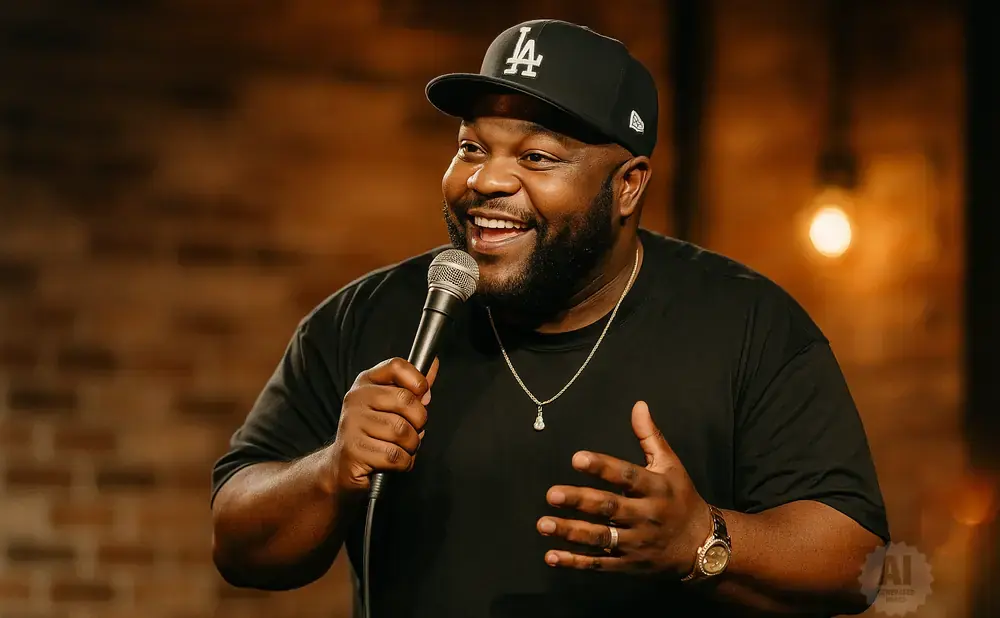 A Black man in a LA Dodgers baseball cap and black t-shirt smiles while holding a microphone and gesturing with his hands.