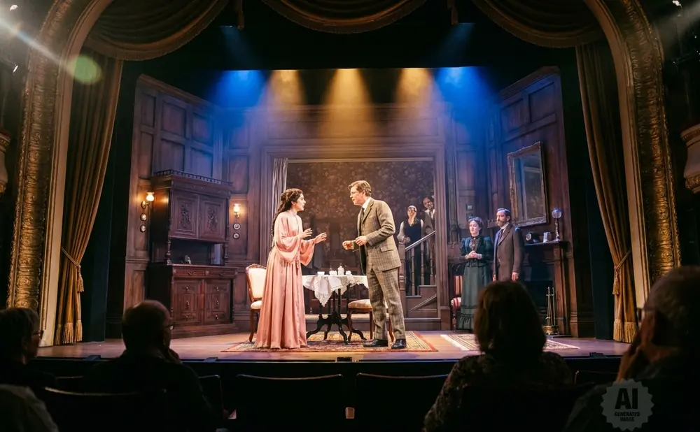 A stage play scene with actors in Victorian attire performing on a set depicting a richly decorated room.