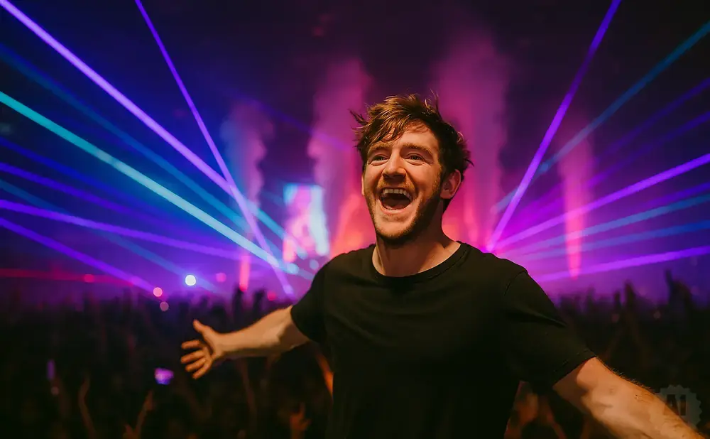 Man with arms outstretched in a black t-shirt, laughing at a concert with purple and blue laser lights and smoke.