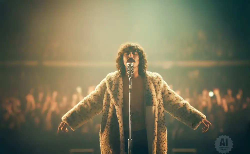 A man in a leopard print coat sings into a microphone on stage with a blurred audience behind him.